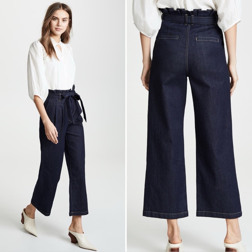 NWT Alice + Olivia Ryan Paperbag-waist Denim Wide-leg Pants In Dark Rinse